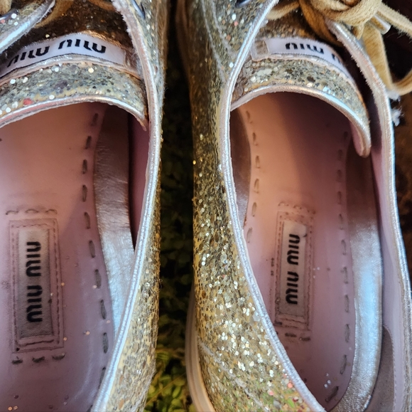 MIU MIU Gold Glitter Sparkle Silver Studs Toe Lace Up Flat Luxury Sneakers 40 - Picture 16 of 16